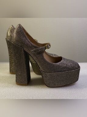 Stuart Weitzman Mary Jane Platform Heels Metallic Adobe Glitter 7 / 37.5